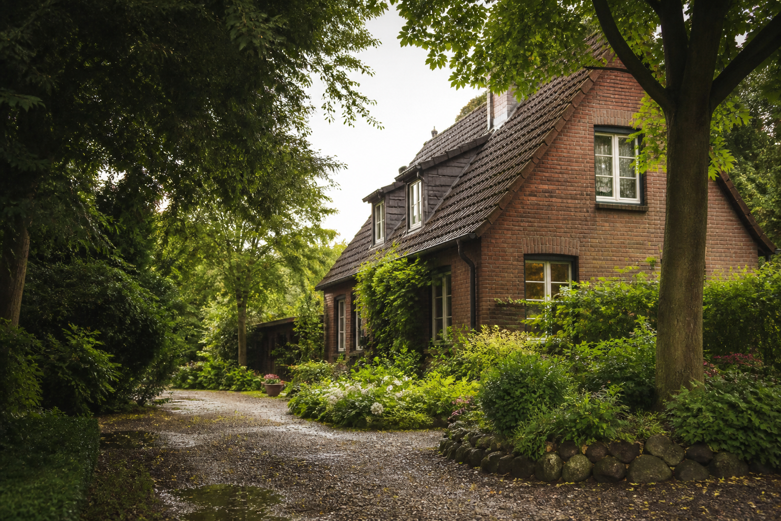 Generische Illustration eines Hauses mit Garten, ohne konkreten Ortsbezug